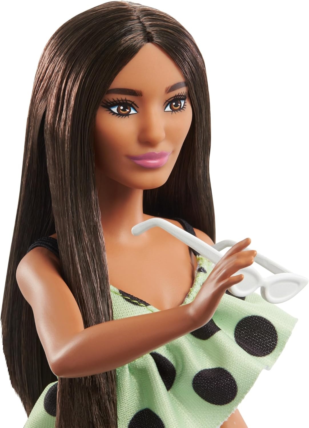 imageBarbie Fashionistas Doll 199 Curvy amp Tall with Wavy Black Hair Gingham CutOut Dress amp Accessories Including Shoes amp ScrunchieStyle BraceletGreen Polka Dots