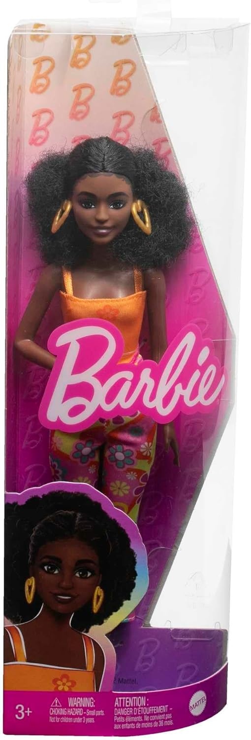 imageBarbie Fashionistas Doll 199 Curvy amp Tall with Wavy Black Hair Gingham CutOut Dress amp Accessories Including Shoes amp ScrunchieStyle BraceletRetro florals