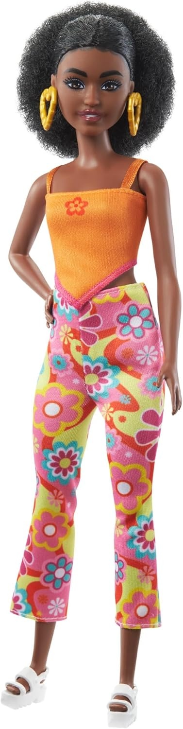 imageBarbie Fashionistas Doll 199 Curvy amp Tall with Wavy Black Hair Gingham CutOut Dress amp Accessories Including Shoes amp ScrunchieStyle BraceletRetro florals