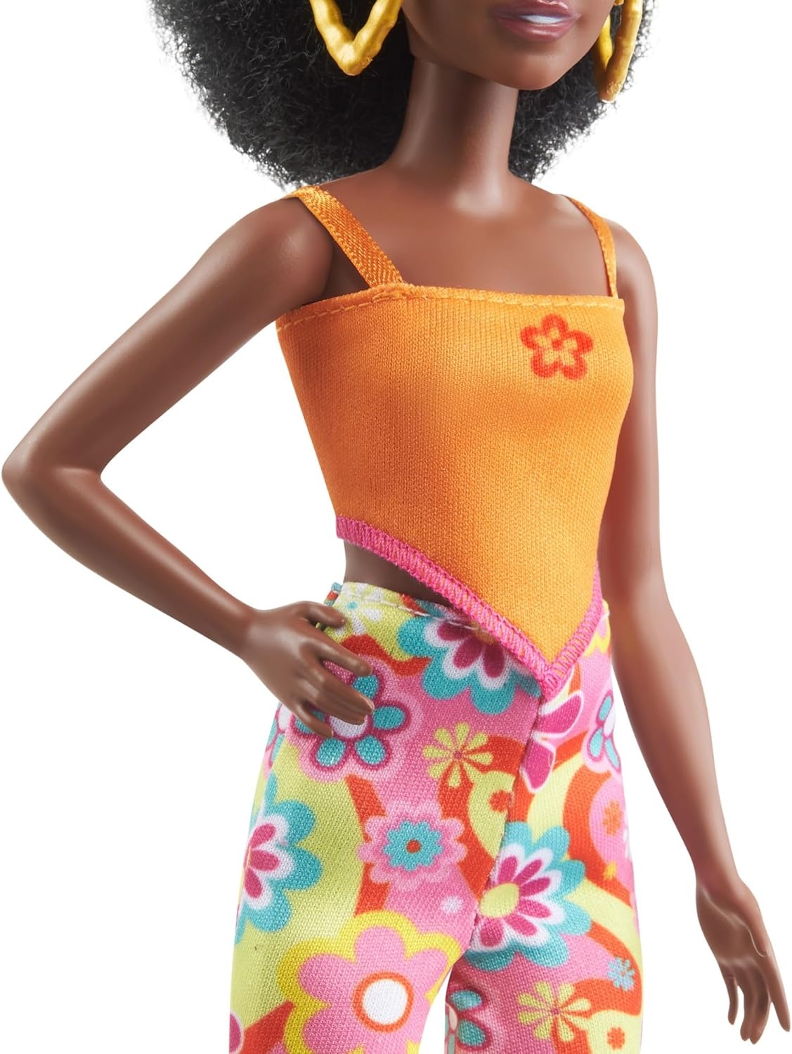 imageBarbie Fashionistas Doll 199 Curvy amp Tall with Wavy Black Hair Gingham CutOut Dress amp Accessories Including Shoes amp ScrunchieStyle BraceletRetro florals