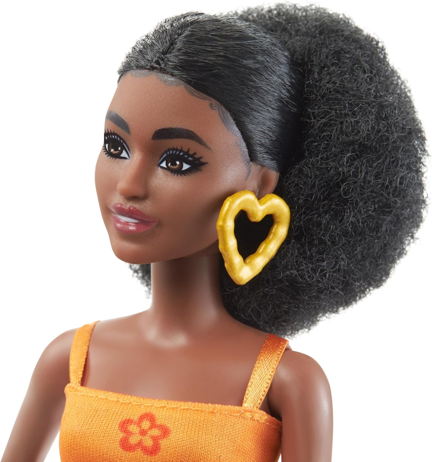 imageBarbie Fashionistas Doll 199 Curvy amp Tall with Wavy Black Hair Gingham CutOut Dress amp Accessories Including Shoes amp ScrunchieStyle BraceletRetro florals