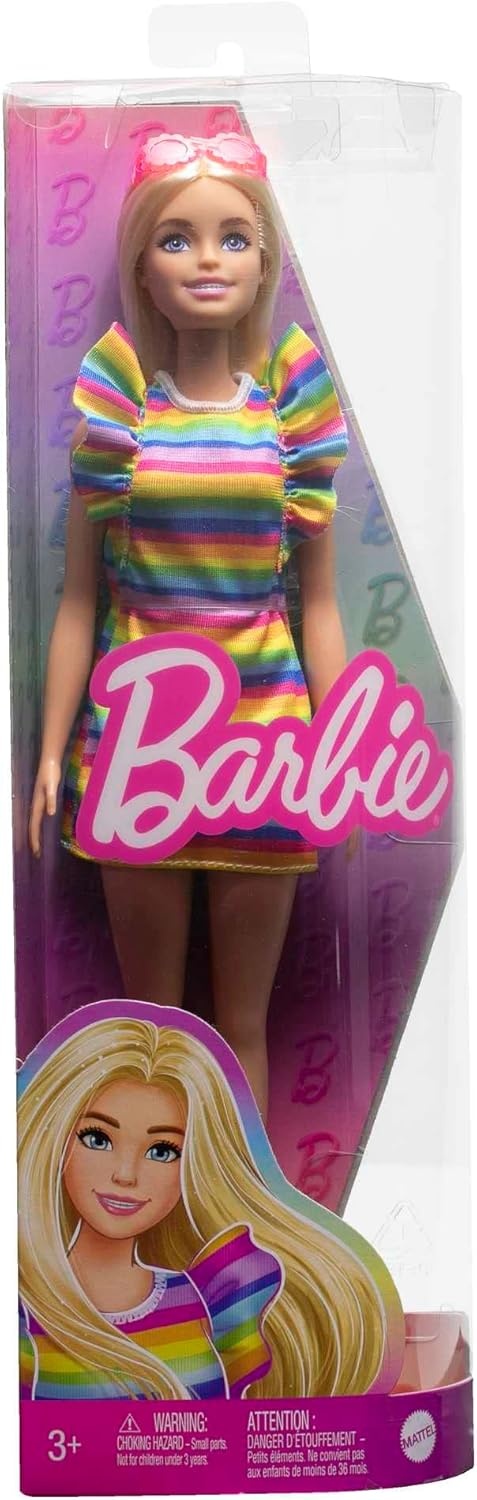 imageBarbie Fashionistas Doll 199 Curvy amp Tall with Wavy Black Hair Gingham CutOut Dress amp Accessories Including Shoes amp ScrunchieStyle BraceletTiered Dress and Braces