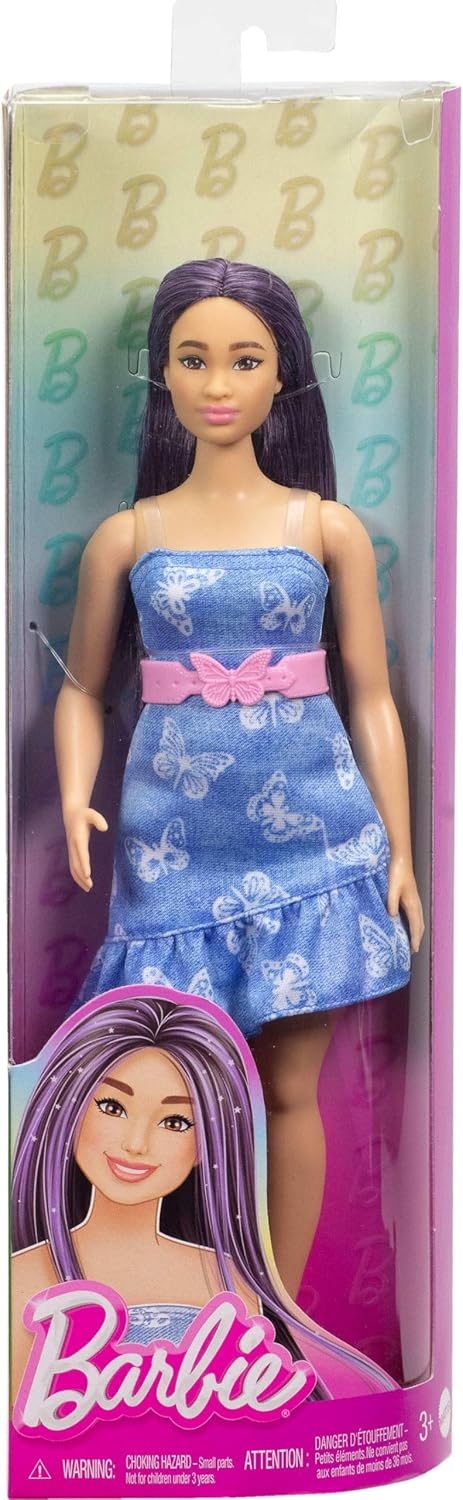 imageBarbie Fashionistas Doll 231 with Purple Hair Wearing Strapless Denim ButterflyPrint Dress with Pink Belt and Boots