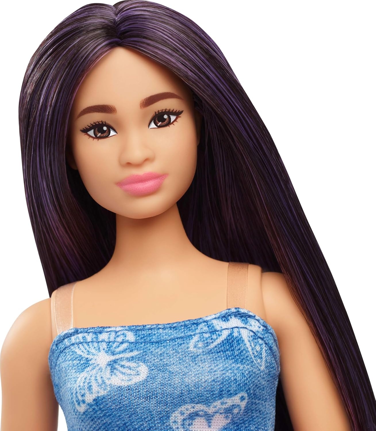 imageBarbie Fashionistas Doll 231 with Purple Hair Wearing Strapless Denim ButterflyPrint Dress with Pink Belt and Boots