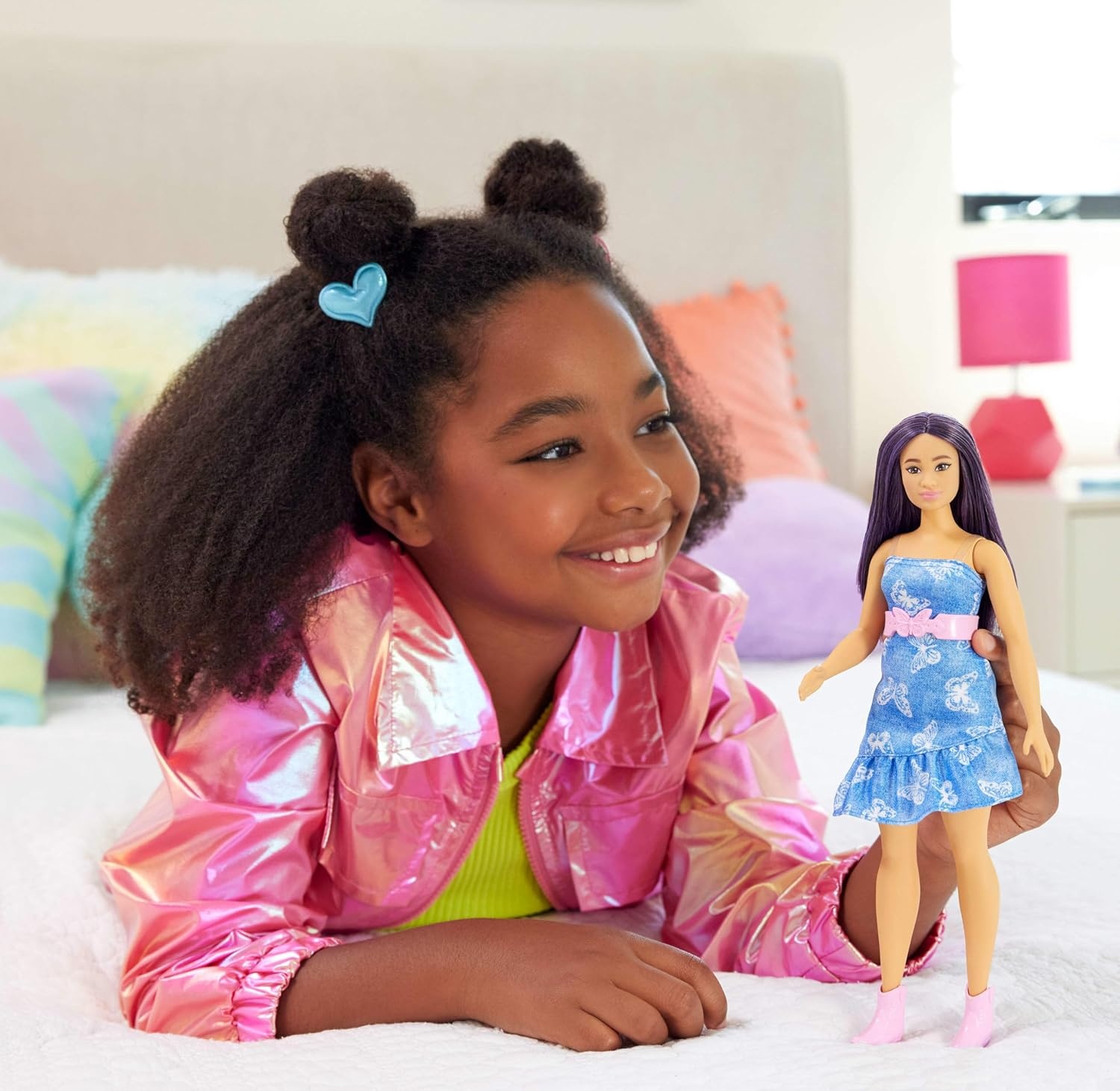 imageBarbie Fashionistas Doll 231 with Purple Hair Wearing Strapless Denim ButterflyPrint Dress with Pink Belt and Boots