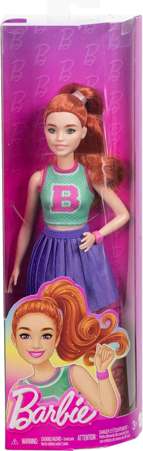 imageBarbie Fashionistas Doll 232 with Red Hair Wearing Sporty B Jersey Top and Pleated Purple Skirt with Watch and Sneakers