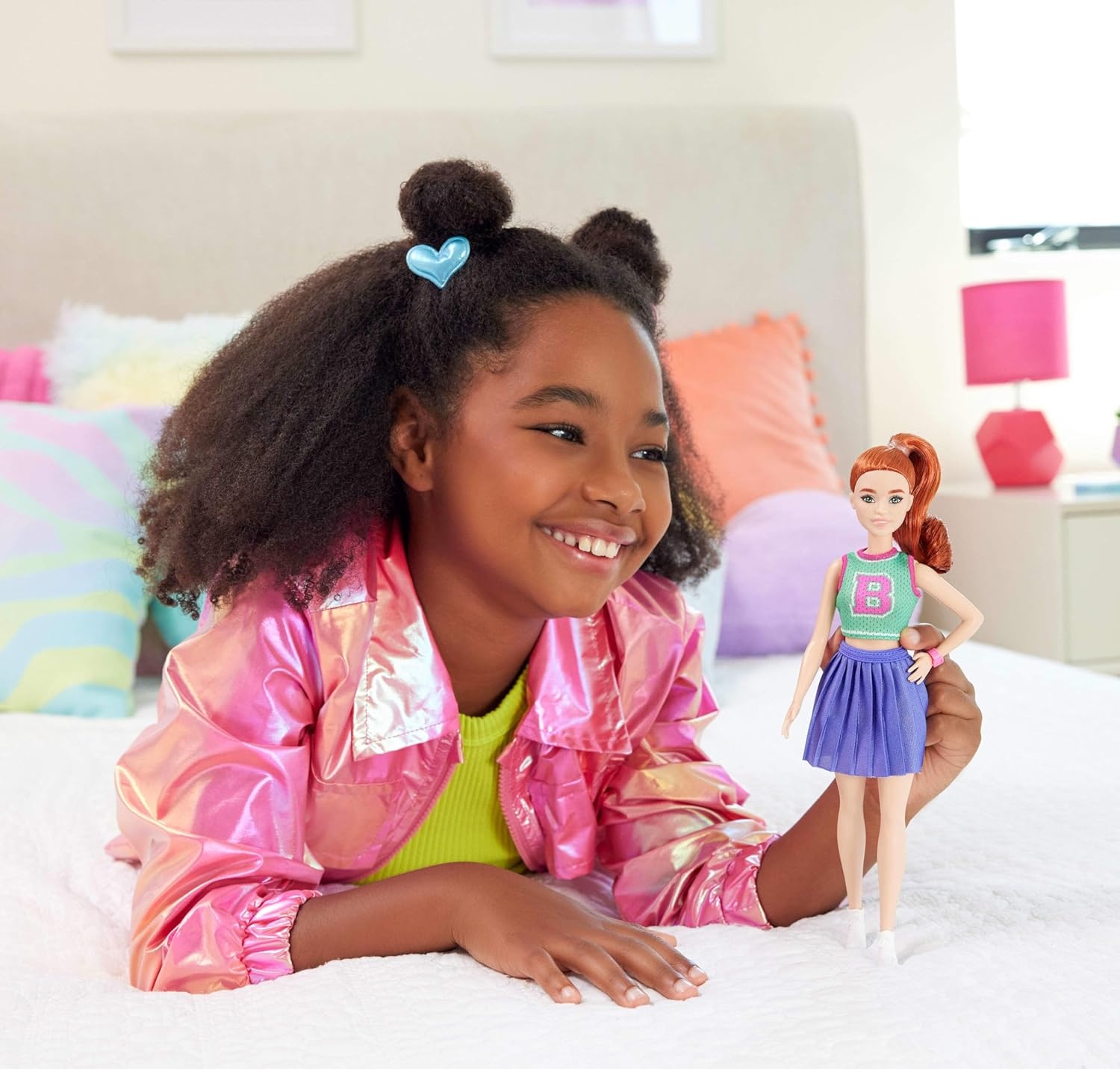 imageBarbie Fashionistas Doll 232 with Red Hair Wearing Sporty B Jersey Top and Pleated Purple Skirt with Watch and Sneakers