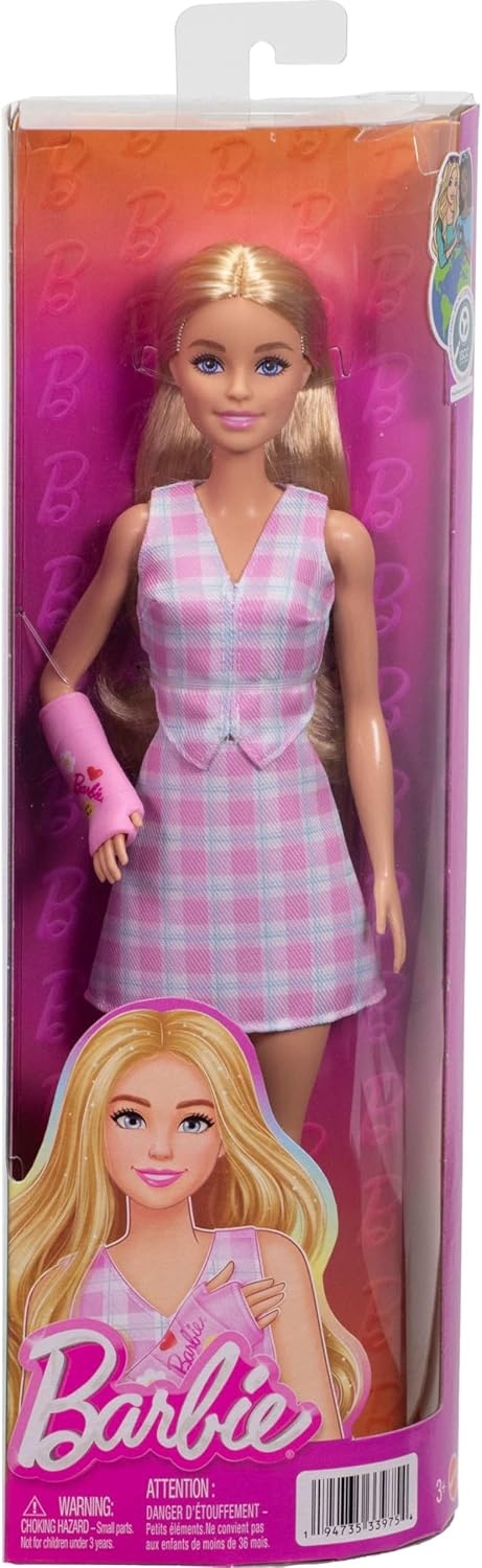 imageBarbie Fashionistas Doll 243 with Blonde Hair and Pink Arm Cast Accessory Wearing Plaid Top and Skirt with Pink Loafers