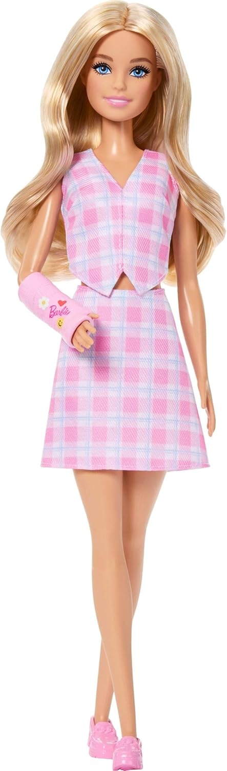 imageBarbie Fashionistas Doll 243 with Blonde Hair and Pink Arm Cast Accessory Wearing Plaid Top and Skirt with Pink Loafers