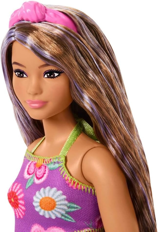 imageBarbie Fashionistas Doll 244 with PurpleStreaked Brown Hair Purple Floral Halter Top and Matching Skirt with Accessories Like Headband and Sandals