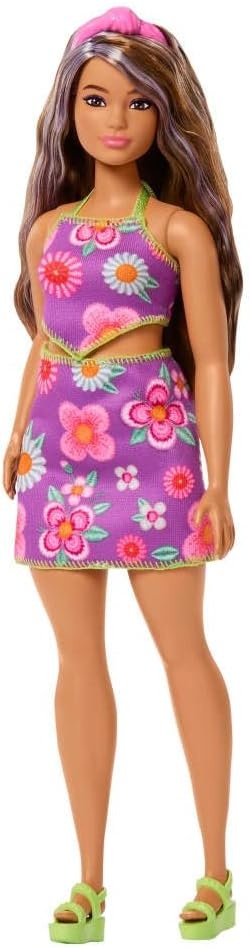 imageBarbie Fashionistas Doll 244 with PurpleStreaked Brown Hair Purple Floral Halter Top and Matching Skirt with Accessories Like Headband and Sandals