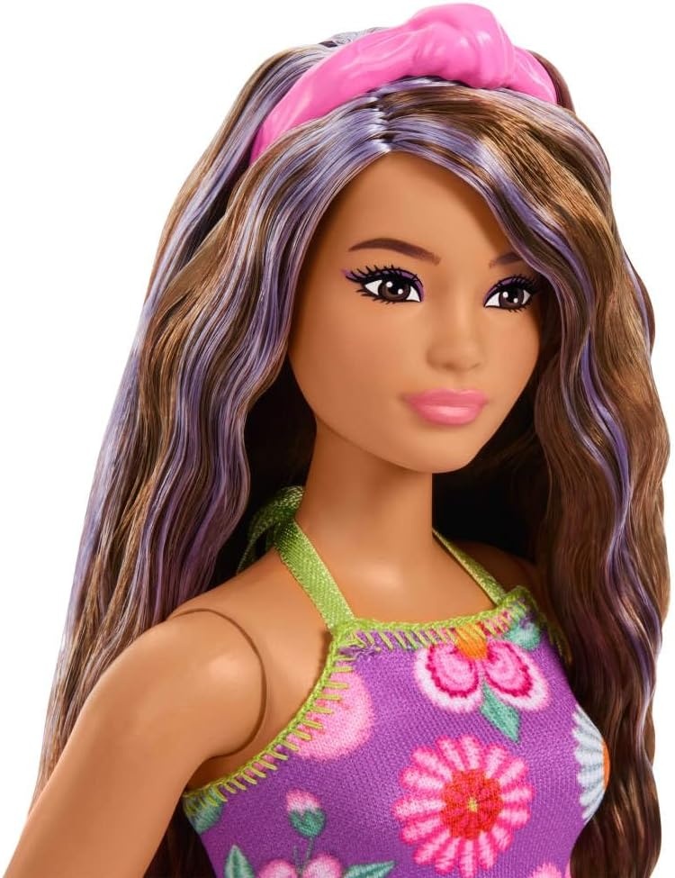 imageBarbie Fashionistas Doll 244 with PurpleStreaked Brown Hair Purple Floral Halter Top and Matching Skirt with Accessories Like Headband and Sandals