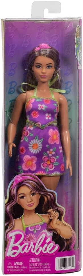 imageBarbie Fashionistas Doll 244 with PurpleStreaked Brown Hair Purple Floral Halter Top and Matching Skirt with Accessories Like Headband and Sandals