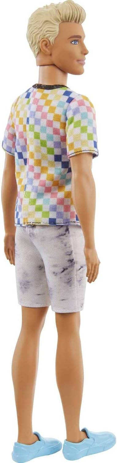 imageBarbie Fashionistas Ken Doll 174 with Sculpted Blonde Hair Wearing SurfInspired Checkered Shirt Denim Shorts amp Deck Shoes