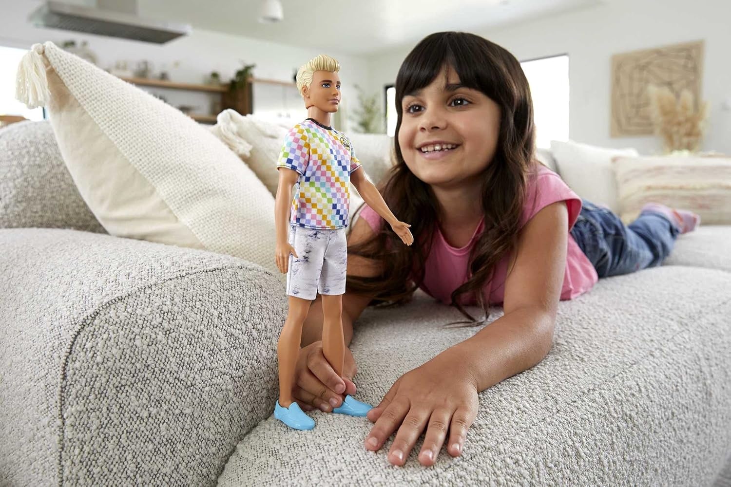 imageBarbie Fashionistas Ken Doll 174 with Sculpted Blonde Hair Wearing SurfInspired Checkered Shirt Denim Shorts amp Deck Shoes