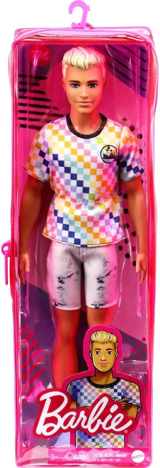 imageBarbie Fashionistas Ken Doll 174 with Sculpted Blonde Hair Wearing SurfInspired Checkered Shirt Denim Shorts amp Deck Shoes