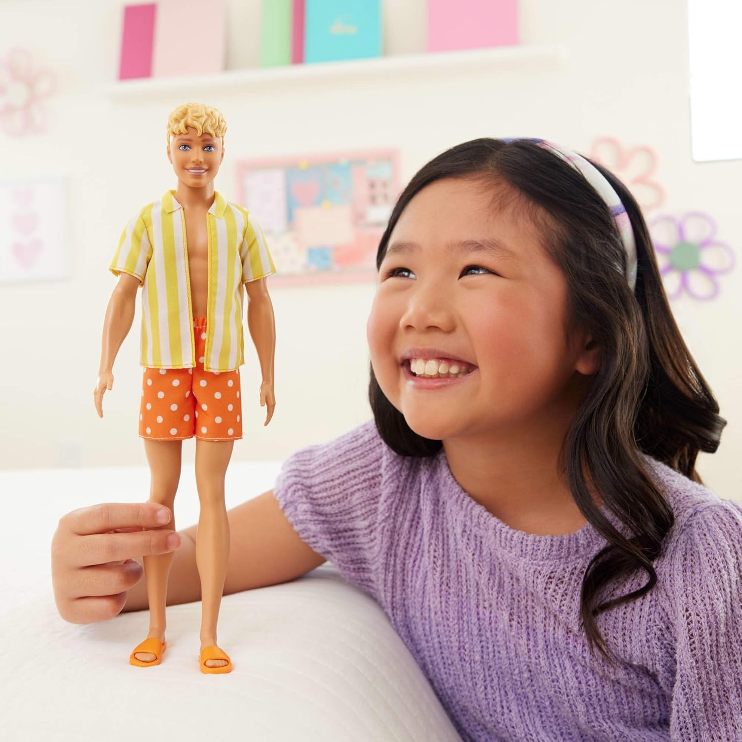 imageBarbie Fashionistas Style Ken Doll 252 with Blond Hair Wearing Orange and Yellow PolkaDot Board Shorts with Yellow and White Striped Shirt Orange Shoes