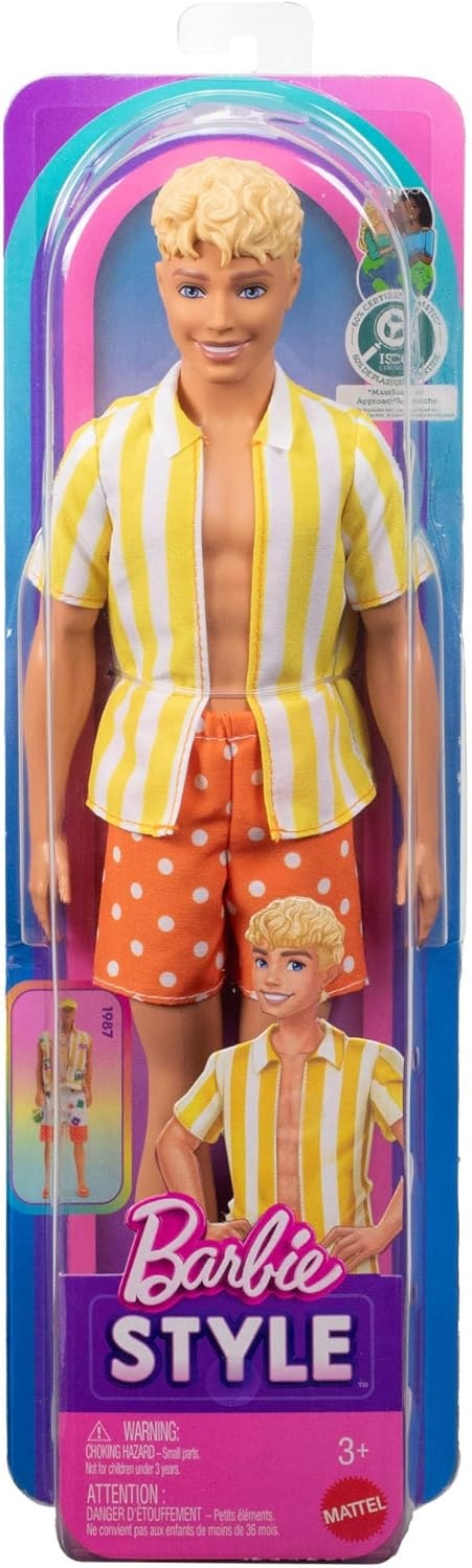 imageBarbie Fashionistas Style Ken Doll 252 with Blond Hair Wearing Orange and Yellow PolkaDot Board Shorts with Yellow and White Striped Shirt Orange Shoes