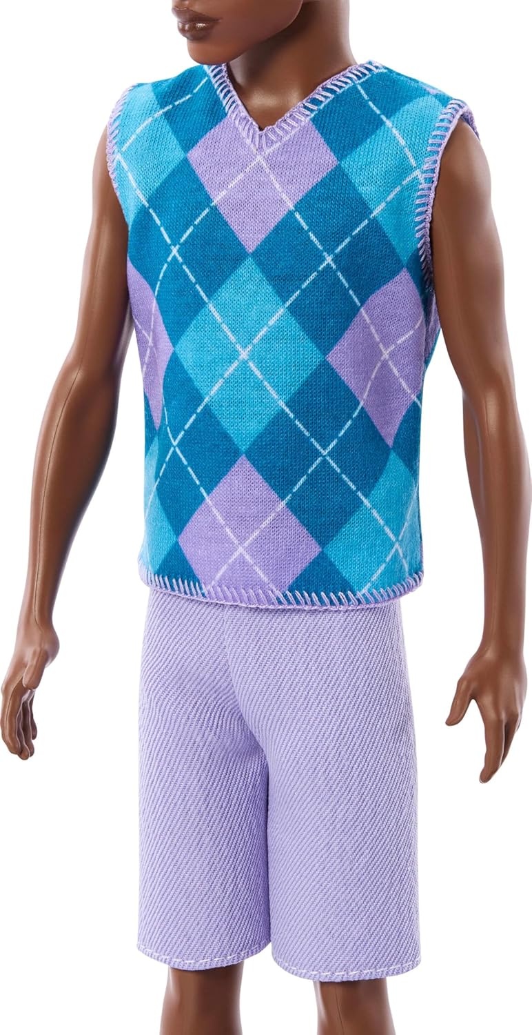 imageBarbie Fashionistas Style Ken Doll 253 with Brown Hair Wearing Lavendar Shorts with Turquoise and Lavender Argyle Shirt White Shoes