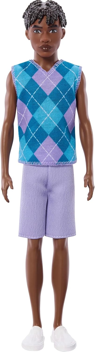 imageBarbie Fashionistas Style Ken Doll 253 with Brown Hair Wearing Lavendar Shorts with Turquoise and Lavender Argyle Shirt White Shoes