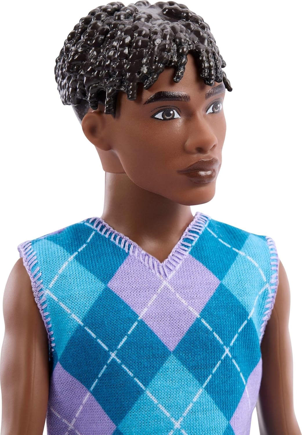 imageBarbie Fashionistas Style Ken Doll 253 with Brown Hair Wearing Lavendar Shorts with Turquoise and Lavender Argyle Shirt White Shoes