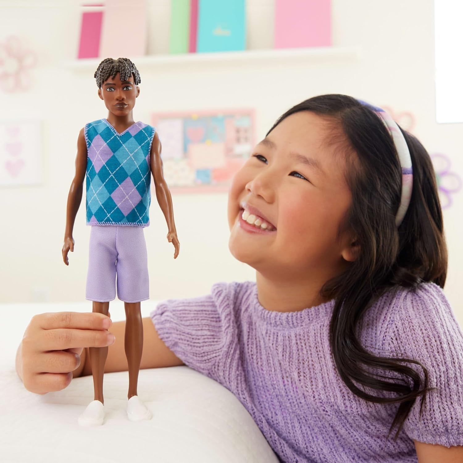 imageBarbie Fashionistas Style Ken Doll 253 with Brown Hair Wearing Lavendar Shorts with Turquoise and Lavender Argyle Shirt White Shoes