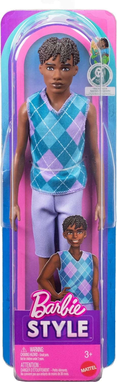 imageBarbie Fashionistas Style Ken Doll 253 with Brown Hair Wearing Lavendar Shorts with Turquoise and Lavender Argyle Shirt White Shoes