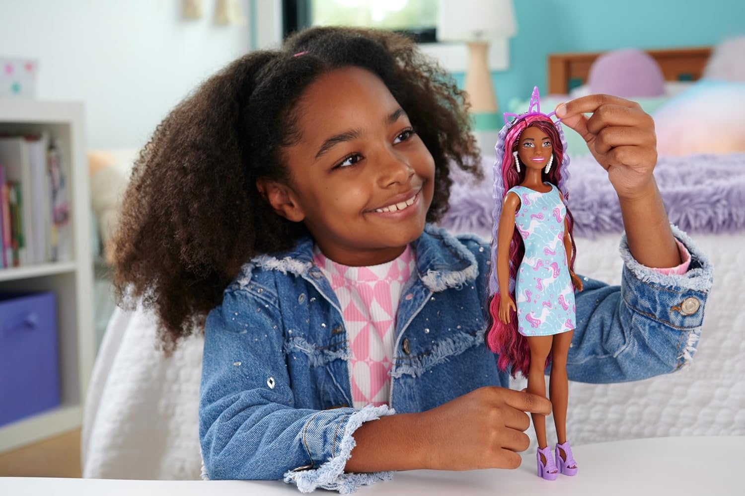 imageBarbie Fun amp Fancy Set Fashion Doll with ExtraLong ColorStreaked Black Hair Clothes amp Styling Accessories