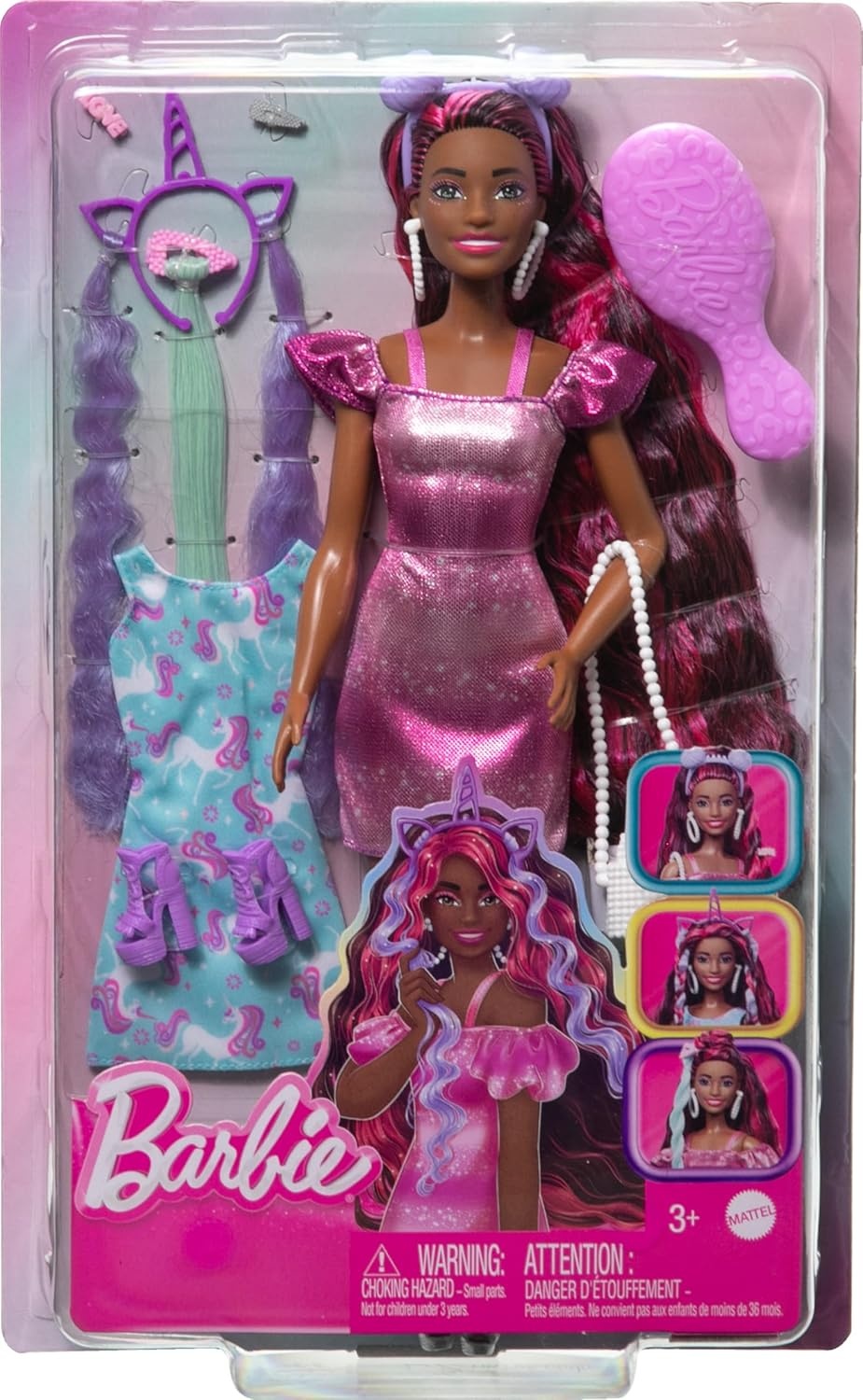 imageBarbie Fun amp Fancy Set Fashion Doll with ExtraLong ColorStreaked Black Hair Clothes amp Styling Accessories
