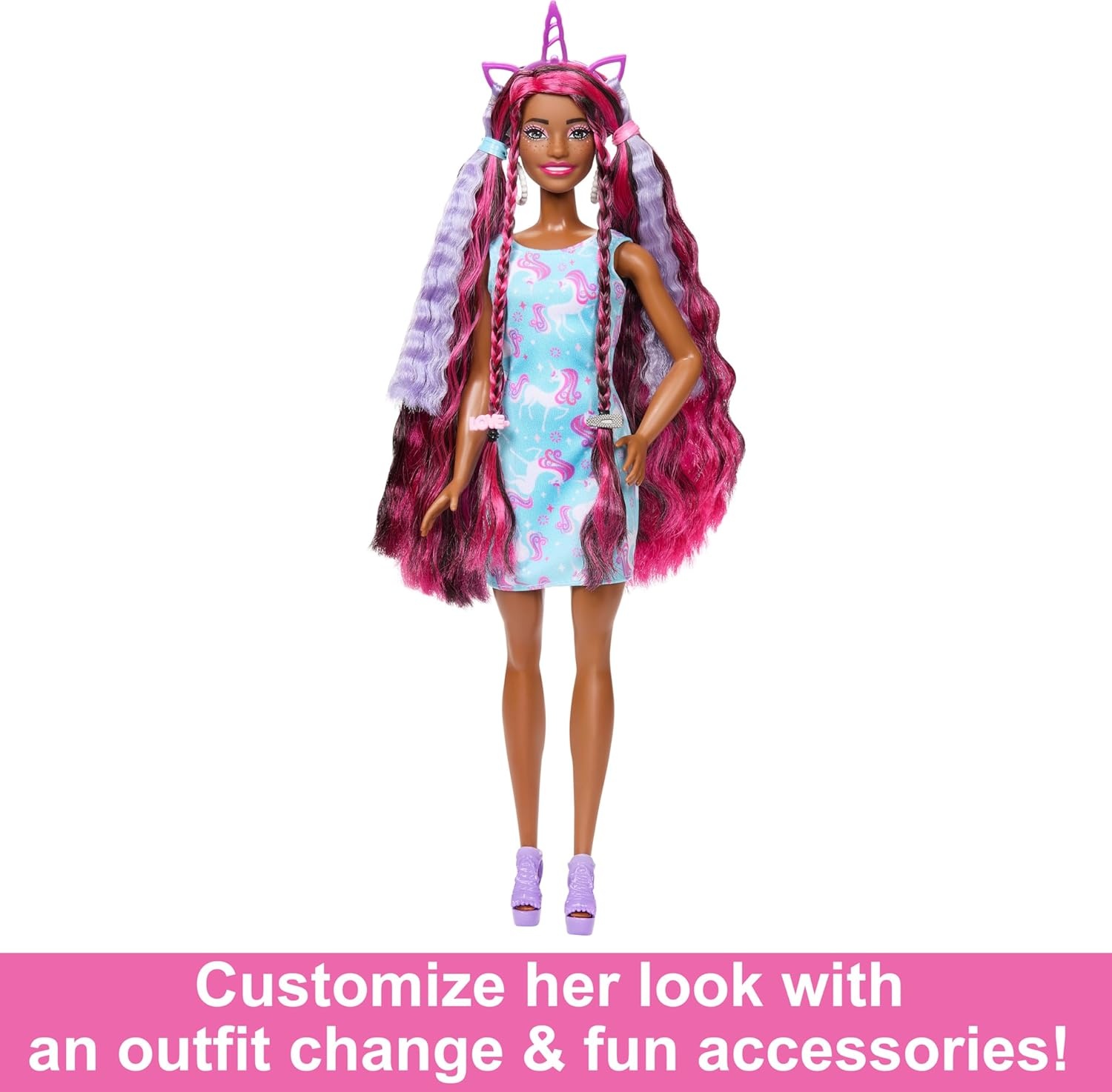 imageBarbie Fun amp Fancy Set Fashion Doll with ExtraLong ColorStreaked Black Hair Clothes amp Styling Accessories