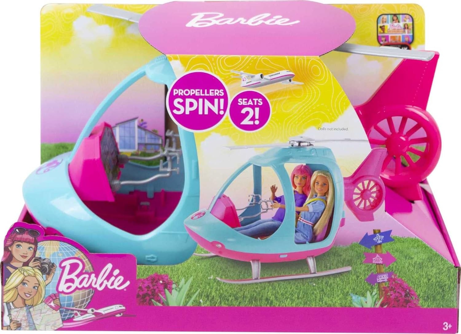 imageBarbie Helicopter with Spinning Rotors Pink and Blue 2Seater Design with Seatbelts and Pilot ControlsHelicopter