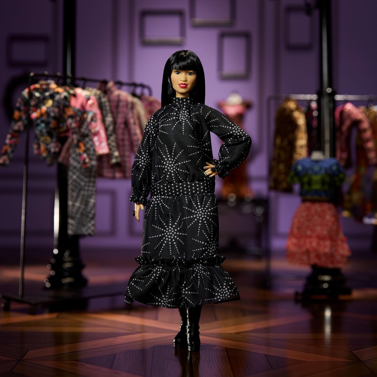 imageBarbie Inspiring Women Anna Sui Doll Collectible in Boho Chic Black Dress Outfit with Boots Sunglasses amp Perfume Accessory