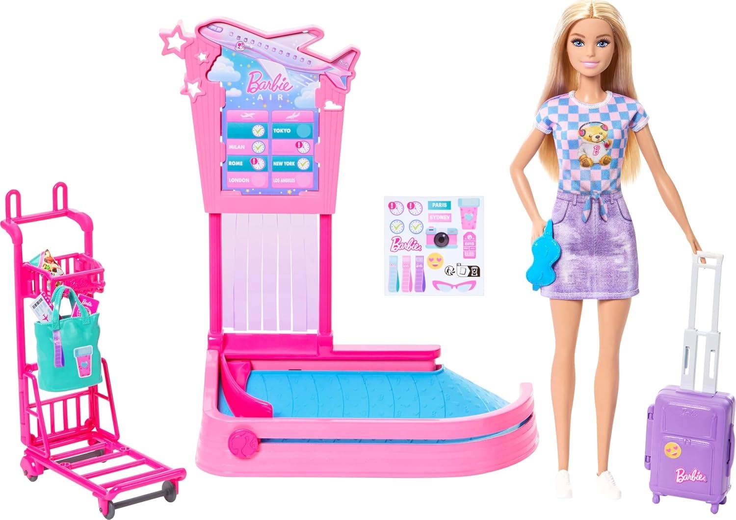 imageBarbie Malibu Family amp Friends Limitless Adventure Blonde Fashion Doll with Baggage Claim Luggage Trolly Conveyer Belt and CarryOn