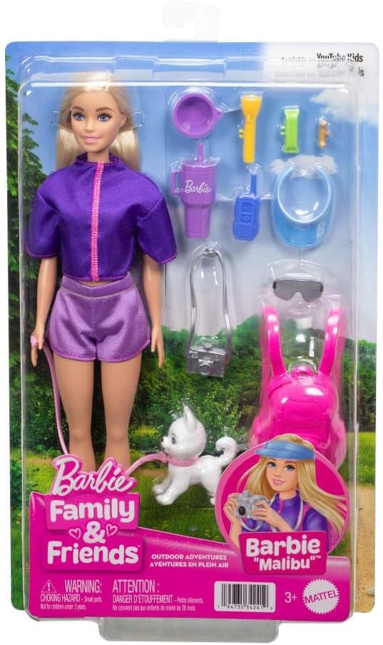 imageBarbie Malibu Outdoor Adventures Fashion Doll Wearing Adventure Outfit with 10 CampingThemed Accessories Including Pet Puppy