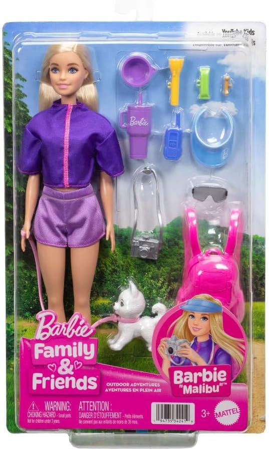 imageBarbie Malibu Outdoor Adventures Fashion Doll Wearing Adventure Outfit with 10 CampingThemed Accessories Including Pet Puppy