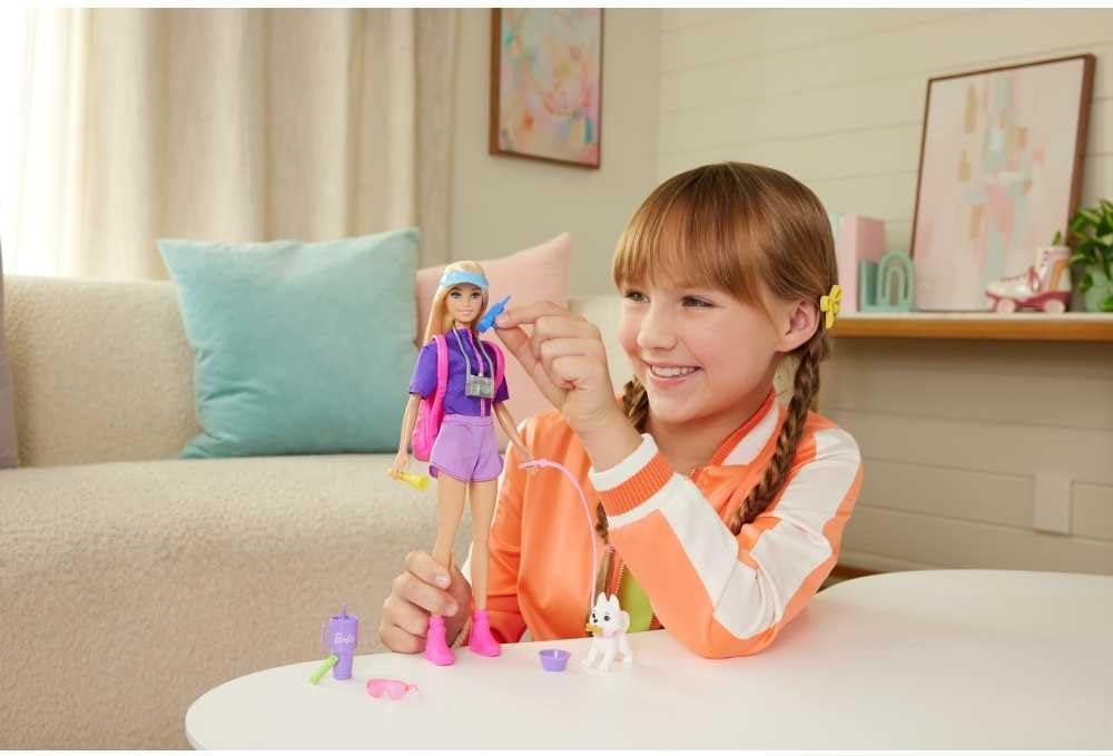 imageBarbie Malibu Outdoor Adventures Fashion Doll Wearing Adventure Outfit with 10 CampingThemed Accessories Including Pet Puppy