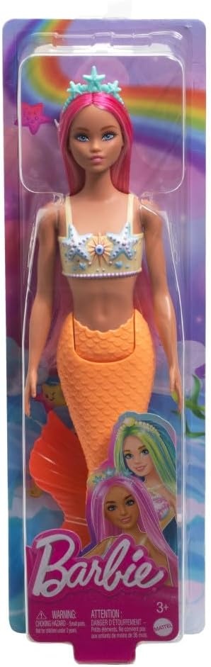 imageBarbie Mermaid Doll with Pink Fantasy Hair amp Headband Accessory Toy with StarfishInspired Bodice amp Soft Orange Tail