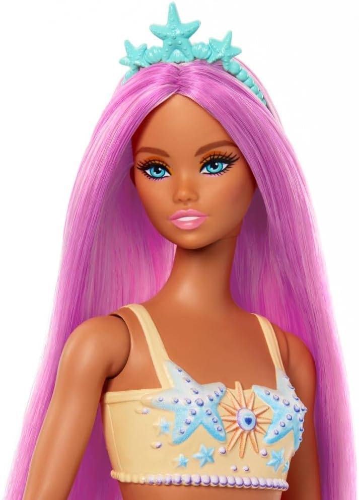 imageBarbie Mermaid Doll with Pink Fantasy Hair amp Headband Accessory Toy with StarfishInspired Bodice amp Soft Orange Tail
