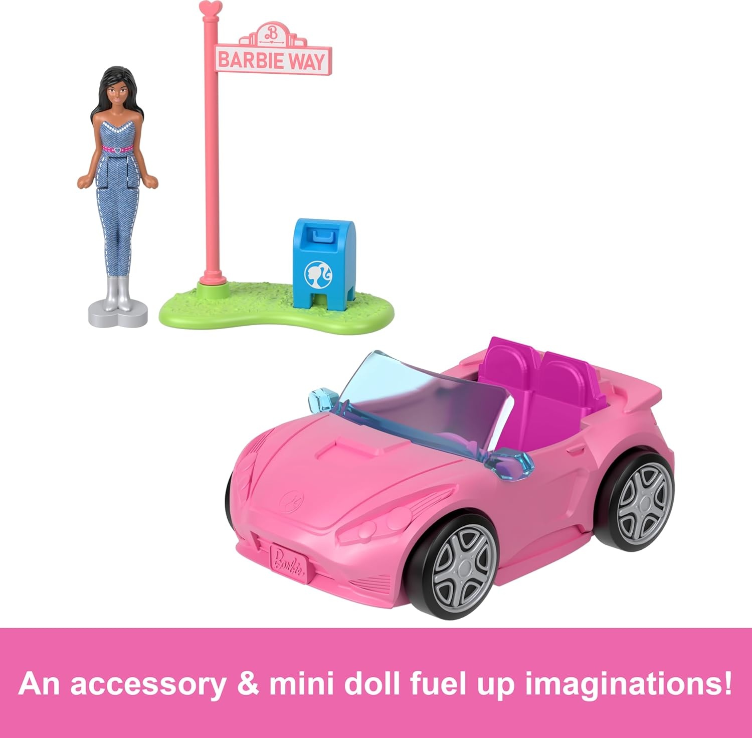 imageBarbie Mini BarbieLand Toy Vehicle Playset with 15inch Doll amp Convertible Car with ColorChange Surprise Plus Street Sign AccessoryConvertible