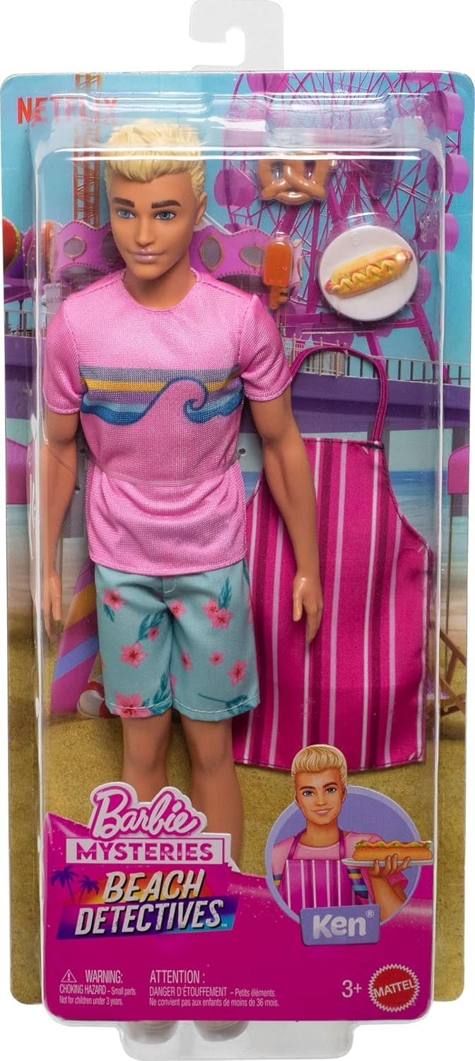 imageBarbie Mysteries Beach Detectives Ken Doll Wearing Removeable Signature Outfit with Storytelling Accessories Including Apron amp SnacksKen