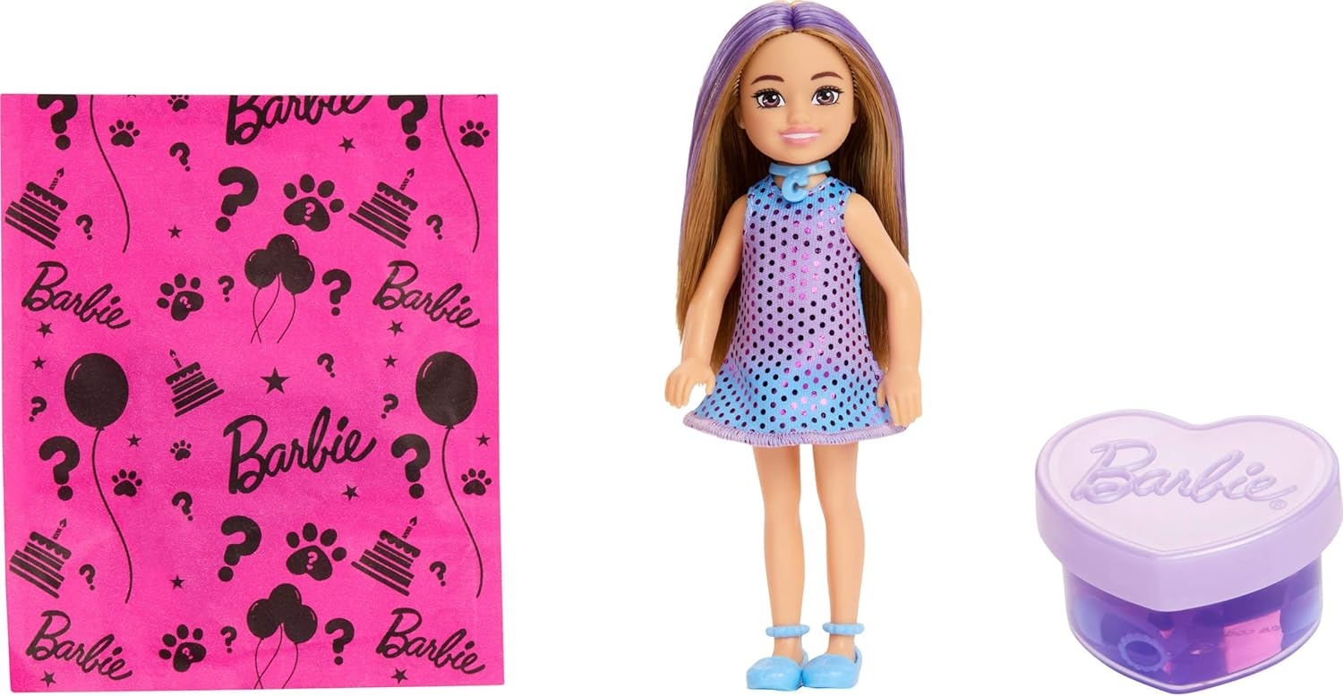 imageBarbie Party Unboxed Chelsea Doll Set Glam Party Series with 6 Surprises Including Pet amp Color Change Styles May Vary