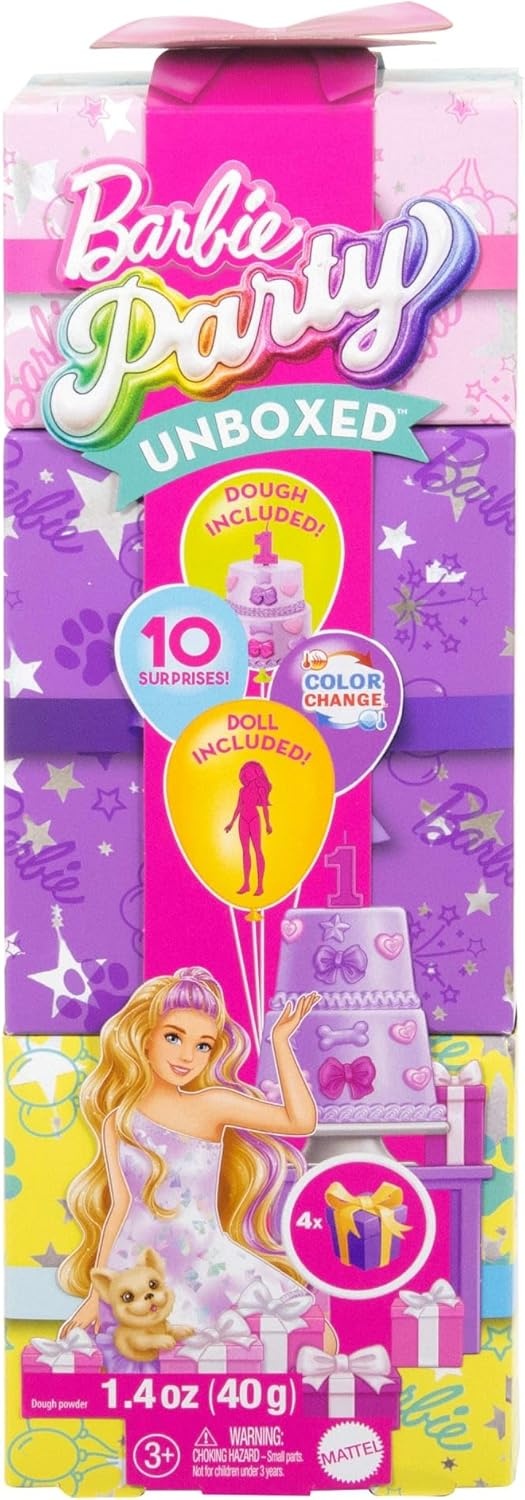 imageBarbie Party Unboxed Doll amp Accessories Pet Birthday Series Birthday Bows Set with 10 Surprises Including Color Change amp CakeDecorating Activity