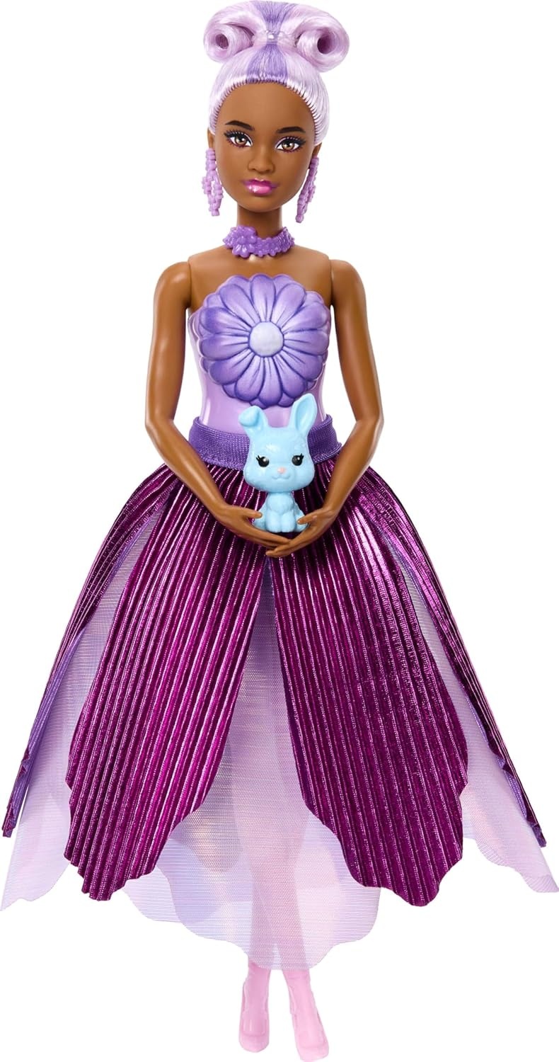 imageBarbie Petal Pop Scented Doll with Purple Floral Dress amp Accessories Bouquet Reveal with Pet Bunny amp Surprises Like Watering Can Necklace amp EarringsDaisy