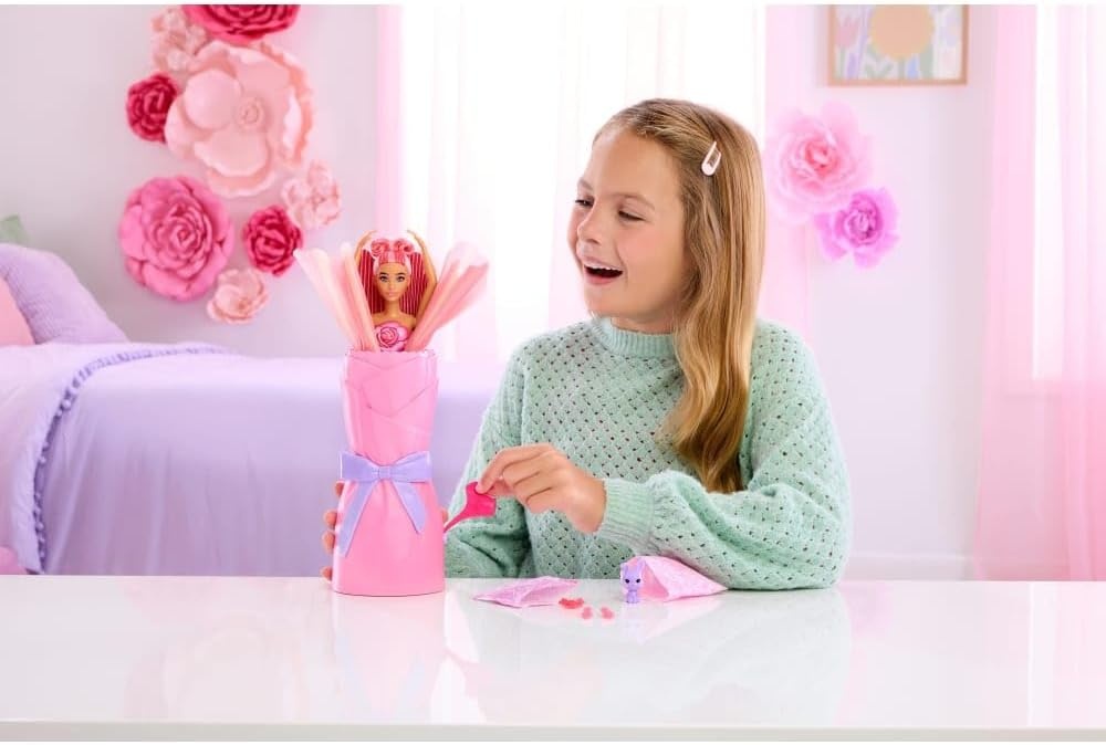 imageBarbie Petal Pop Scented Doll with Purple Floral Dress amp Accessories Bouquet Reveal with Pet Bunny amp Surprises Like Watering Can Necklace amp EarringsRose