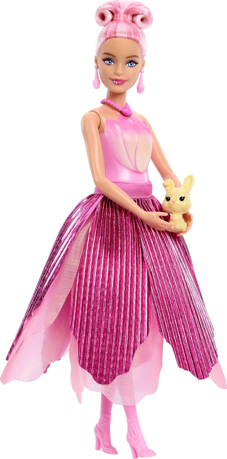 imageBarbie Petal Pop Scented Doll with Purple Floral Dress amp Accessories Bouquet Reveal with Pet Bunny amp Surprises Like Watering Can Necklace amp EarringsTulip