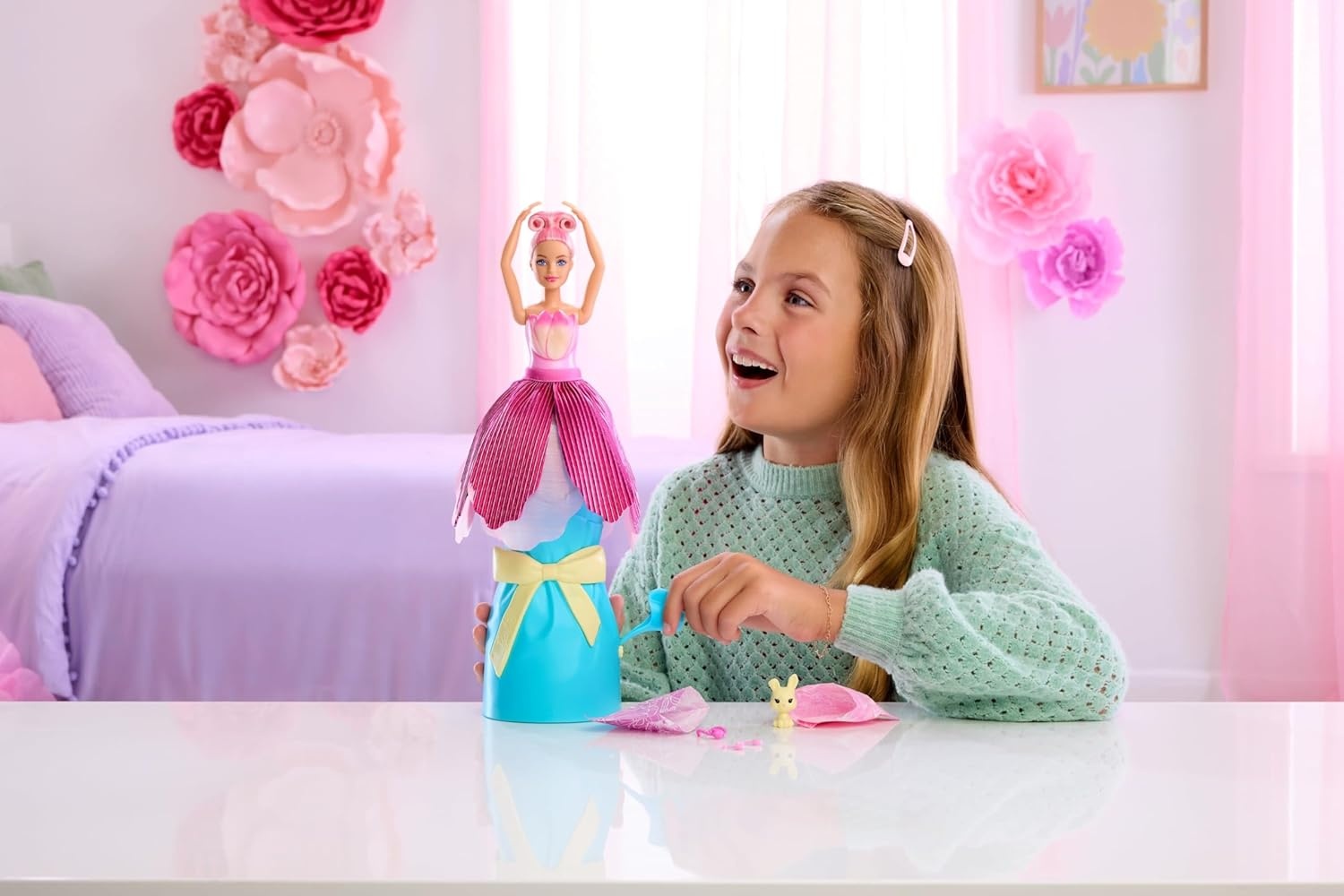 imageBarbie Petal Pop Scented Doll with Purple Floral Dress amp Accessories Bouquet Reveal with Pet Bunny amp Surprises Like Watering Can Necklace amp EarringsTulip