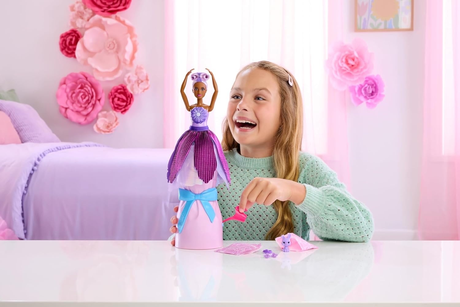 imageBarbie Petal Pop Scented Doll with Purple Floral Dress amp Accessories Bouquet Reveal with Pet Bunny amp Surprises Like Watering Can Necklace amp EarringsDaisy