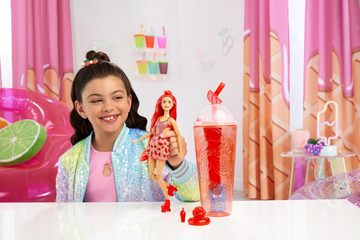 imageBarbie Pop Reveal Doll amp Accessories Fruit Punch Scent with Blue Hair 8 Surprises Include Slime Color Change amp PuppyWatermelon