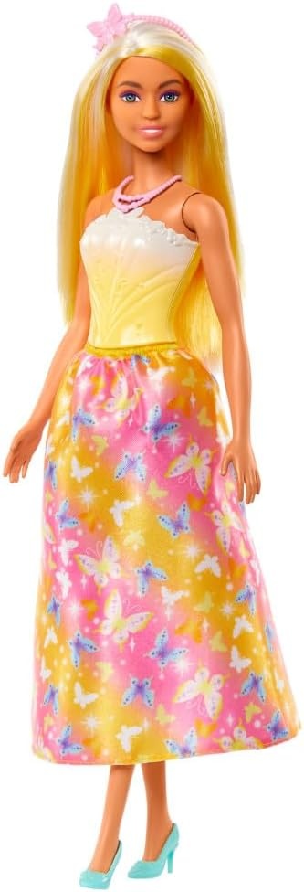 imageBarbie Royal Doll with Brightly Highlighted Fantasy Hair Colorful Accessories Yellow Ombre Bodice amp ButterflyPrint Skirt