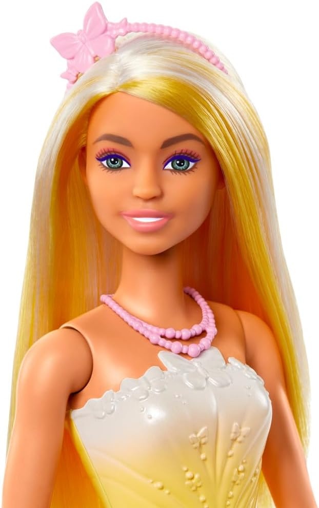 imageBarbie Royal Doll with Brightly Highlighted Fantasy Hair Colorful Accessories Yellow Ombre Bodice amp ButterflyPrint Skirt